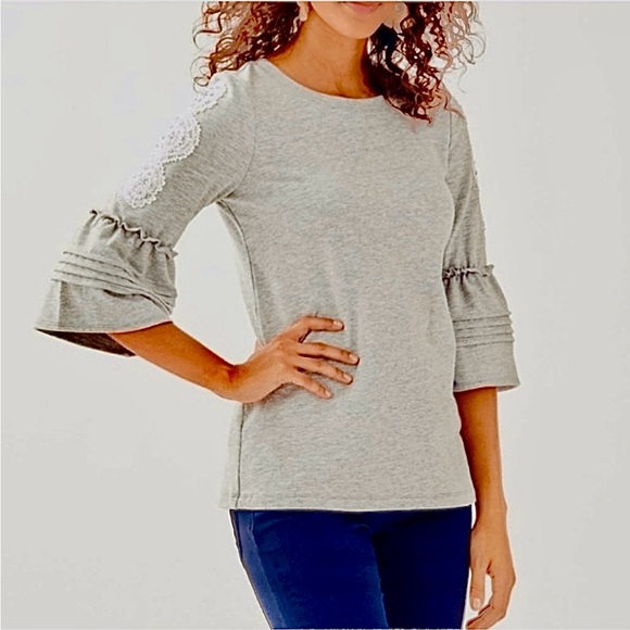 Lilly Pulitzer Tops - Lilly Pulitzer  Fatima Gray Blouse with Lace and Ruffle Bell Sleeves XL